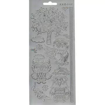 Контурные наклейки "Совы на дереве", лист 10x24,5 см, цвет серебряный (JEJE)