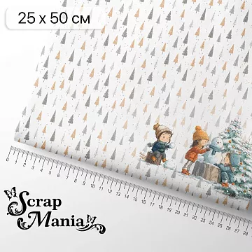 Отрез ткани 25х50 см на обложку блокнота "Снежинки-мандаринки. Лепим снеговика" (ScrapMania)