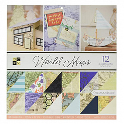 Набор бумаги с фольгированием 30х30 см "World maps 1/2", 18 листов (DCWV)