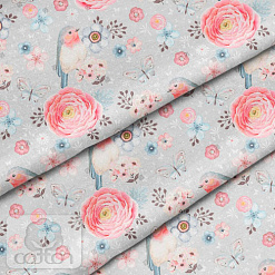 Отрез ткани 79х50 см "Птички на сером" (Cotton)